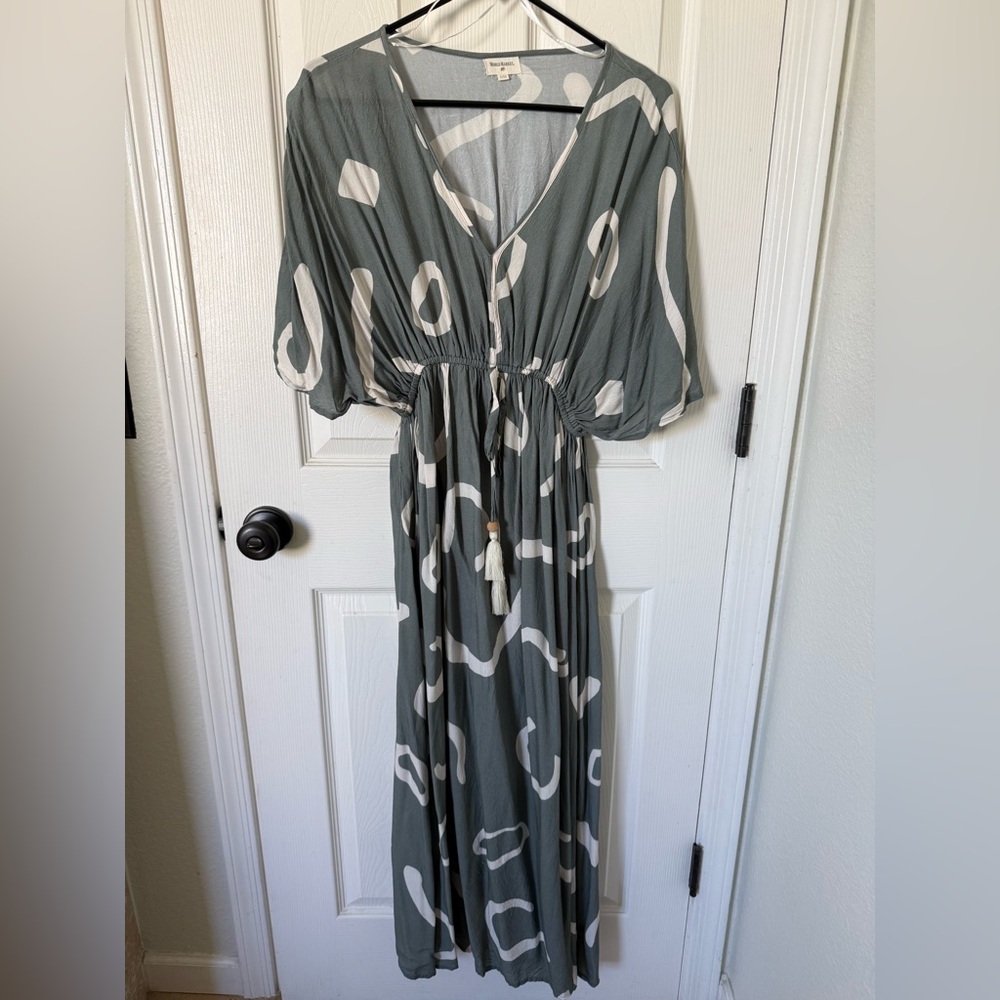 Cost Plus World Market Green and Cream Maxi Dress